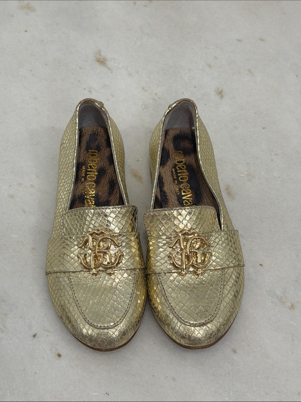 Roberto Cavalli Gold Metallic Python-Embossed Loafers with Logo